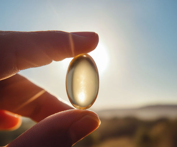 Hand holding a golden gel capsule supplement up to bright sunlight outdoors