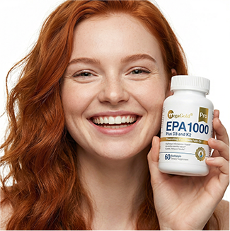 Smiling redhead woman holding OmegaGold Pro EPA 1000 Plus D3 and K2 supplement bottle, 60 softgels