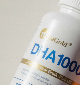 White bottle of MegaGold DHA1000 Pharmaceutical Grade Fish Oil supplement