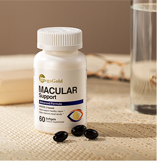 TegaGold Macular Support supplement bottle with 60 softgels on neutral background