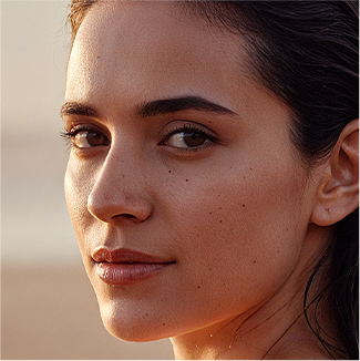 Close-up portrait of a young woman with dark hair, freckles, and natural makeup in warm light